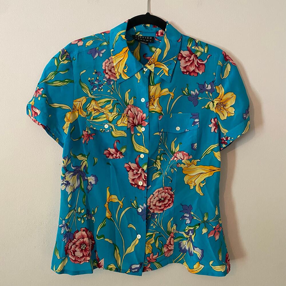 Spenser Jeremy Vintage Blue Floral Silk Button Down Shirt Women's size Medium